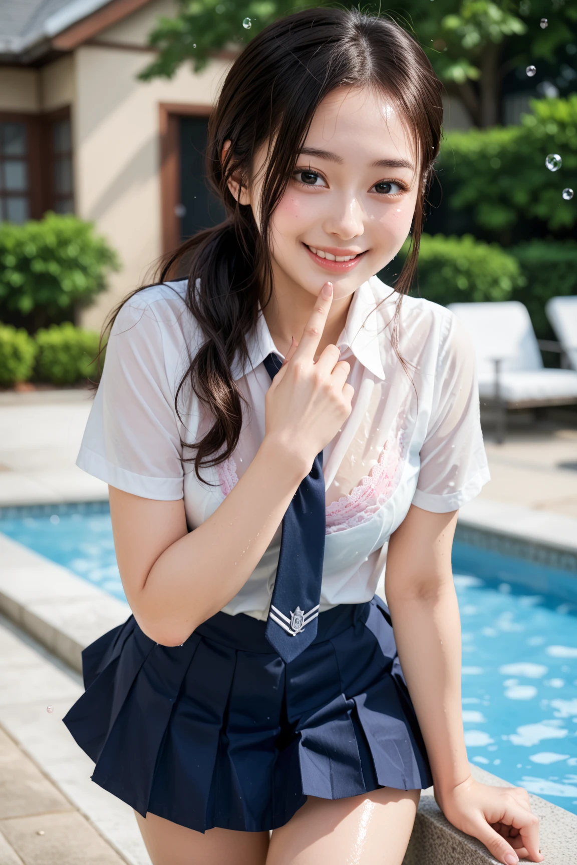 (((32k,high detal,high-detail、masterpiece,Attention to detail,full body Esbian,Lori,独奏))),Raw photo & realistic atmosphere,beautiful dark blue eyes,Detailed mouth,Glossy lips,Detailed eyebrows,Eyes drawn in detail with soft white skin that shines in every detail、Very beautiful eyes with azure eyes,Detailed lips、Very beautiful face,Very well-formed face、Lifelike face,shiny beautiful lips,Beautiful eyebrows,Infinite reality,Japan High School Uniform Best Design, Realistic Young Gravure Idol,Very cute high school girl, , japanese girl school uniform, Japanese high school girl , Young Sensual Gravure Idol, Young Gravure Idol, Beautiful and cute17 year old schoolgirl,the whole body is wet,dripped out,with a flushed face,Tremendously beautiful17-year-old girl,natural soft light、The body is dripping wet,Sheer clothing,Brown shiny hair,Hair is wet,Dripping water,dripping,(I'm not wearing a skirt,bare-legged,,Wet and see-through white short sleeve shirt,summer clothing,Beautiful kind eyes,Looking at the camera:1.2),(((Soft body,youthfulness,swimming pools,Beautiful smooth legs,Exposed thighs,Gentle smile,well-shaped breasts,,Immature body,Sexy Uniforms,short-cut,The chest is open))),(Shots from the air,From directly above,floating underwater,Swim in pool water:1.7)