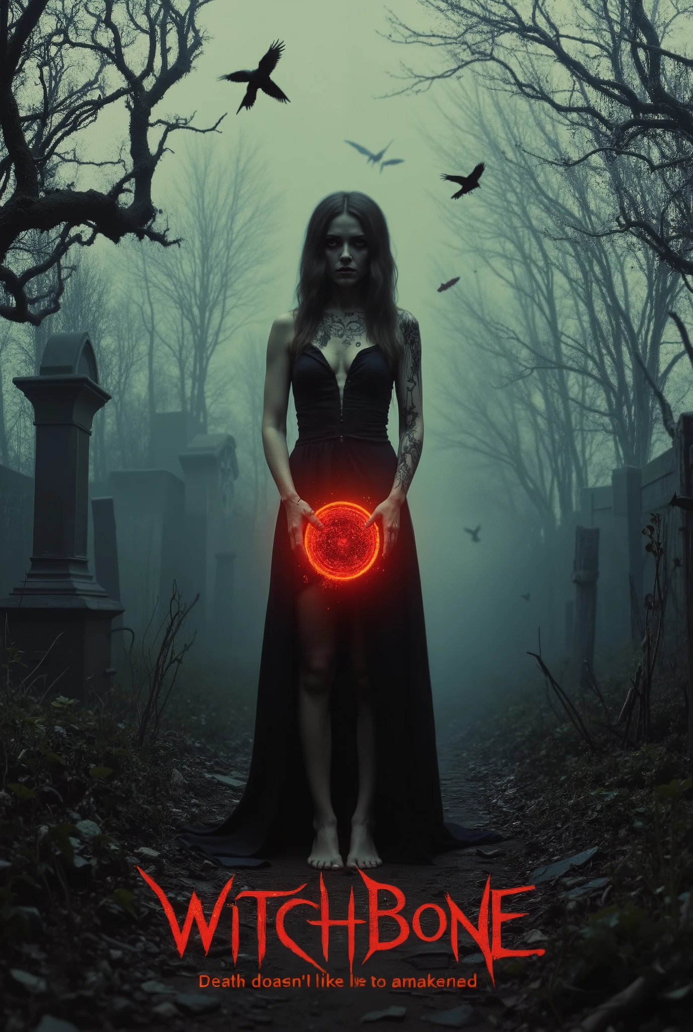 High-fantasy horror movie poster in Novuschroma art style, saturated colors, cinematic lighting. A seductive and sinister female sorcerer stands barefoot in a foggy cemetery, surrounded by crooked tombstones and crumbling statues. Her long flowing cloak flutters, revealing bones etched into her pale skin like necrotic tattoos. A glowing crimson spell circle hovers beneath her, pulsing with dark magic. The trees are twisted, crows flying in panic. Distant skeletal hands claw out of graves. Title in gothic font: "WITCHBONE". Subtitle: "Death doesn't like to be awakened." Intense shadows, haunted atmosphere, disturbing and hypnotic.