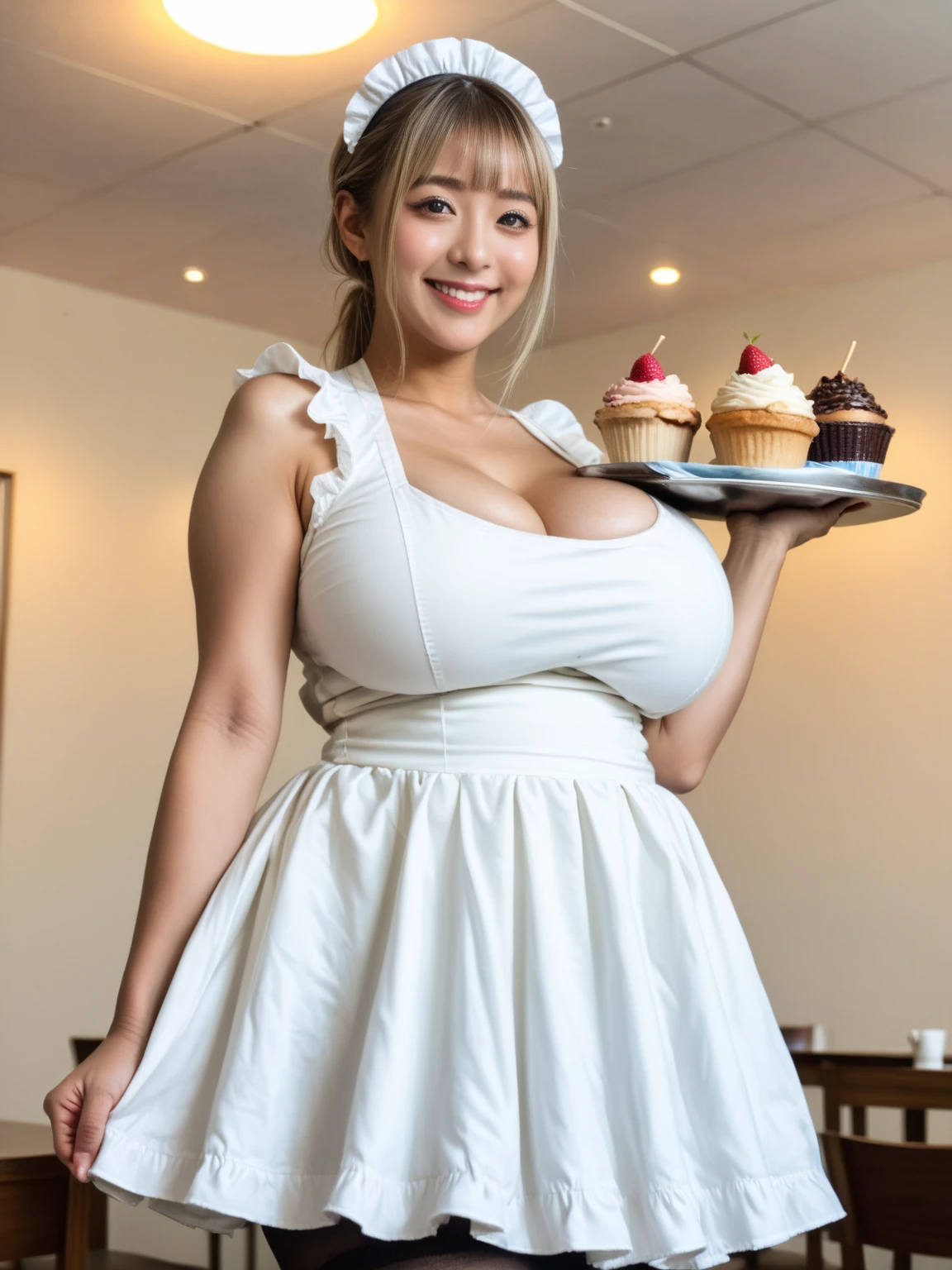 (Cute innocent white 12 year old), long blonde hair, flower on hair, blue eyes, ((huge massive round breasts:1.3)), making breakfast on a kitchen, breakfast, coffee, early in the morning, smiling, (wearing erotic minimalistic floral sundress), having fun, happy, smiling, blushing, holding_tray, coffee,
