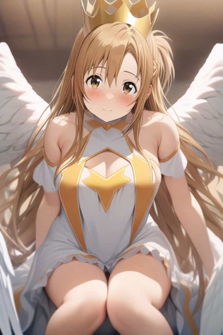masterpiece, best quality, extremely detailed, good anatomy, parted lips, shy, smile, embarrassing, looking at viewer, beautiful girl, brown eyes, brown hair, long hair, large breasts, see-through angel wings, halo, hair ornament ribbon, sitting, masturbation with dildo,