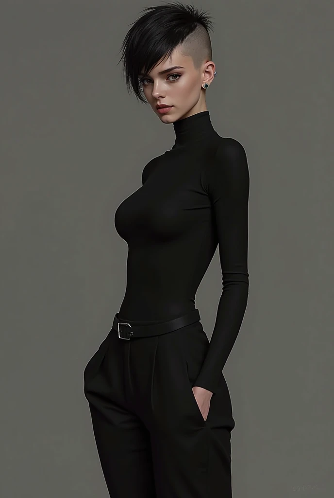 (Masterpiece. Photorealistic.UHD)0 black and white. An ultra hot gorgeous model playmate. Age 23. in a minimalist outfit consisting of a sleek black turtleneck and high-waisted trousers, positioned against a white background to contrast the simplicity and elegance of the attire.