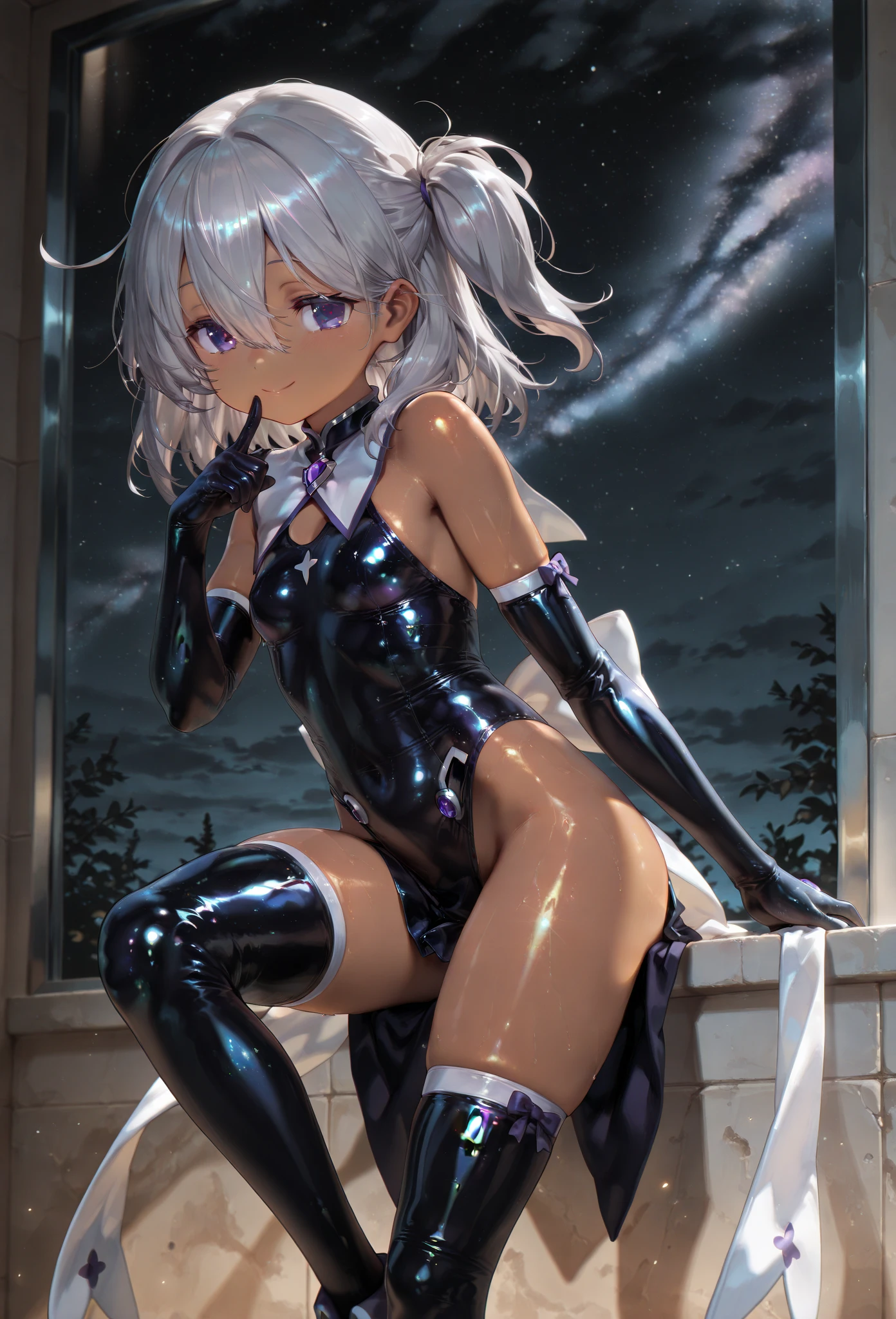 Highest quality、8K、(Bunny girl)、Fishnet tights、High heels、Silver bunny suit、View Viewer、Angle from the back、W-Sitting、smile、Futuristic Living Room、indirect lighting、Room with houseplants、From the window you can see the valley between the city buildings、Night view、Silver short hair、Beautiful eyes、Beautiful Face、Delicate eyes