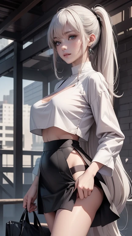 (Best Quality, 8K, Masterpiece, Ultra HD: 1.3), (K-Pop Idol: 1.4), 1 Pretty Girl, (Big Breasts: 1.2), (Long Hair), Abs, Perfect Figure, Ultra Fine Face, Delicate Lips, Beautiful, dewy skin, sweaty skin, wavy blonde hair, silver light hair , super fine hand, fine finger , White Tight body suit (transperent), ((detailed pantyhose (transparent))), detailed , on the street, building, building, punk girl, transparent, smiling , Long legs, detailed legs, fine legs