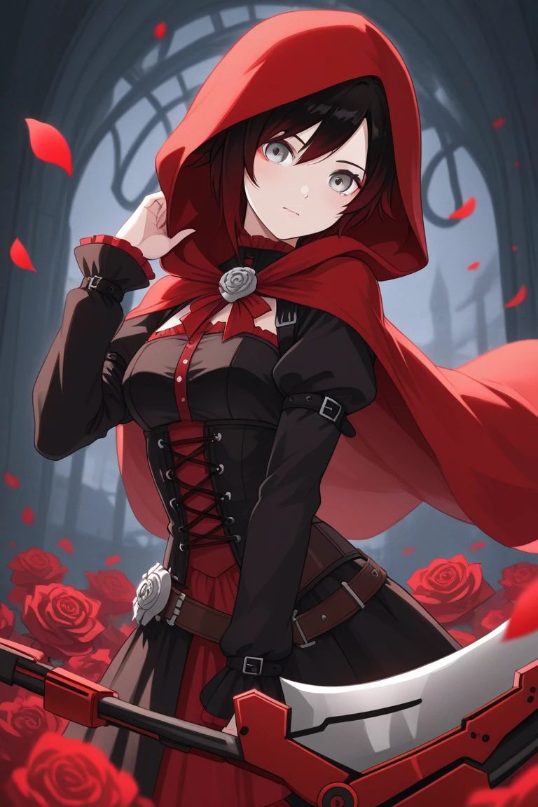 (masterpiece, best quality), 1girl,    <lora:ruby_rose:0.8> ruby_rose, cape, dress, red cape, crescent rose, boots, pantyhose, hood, petals, corset