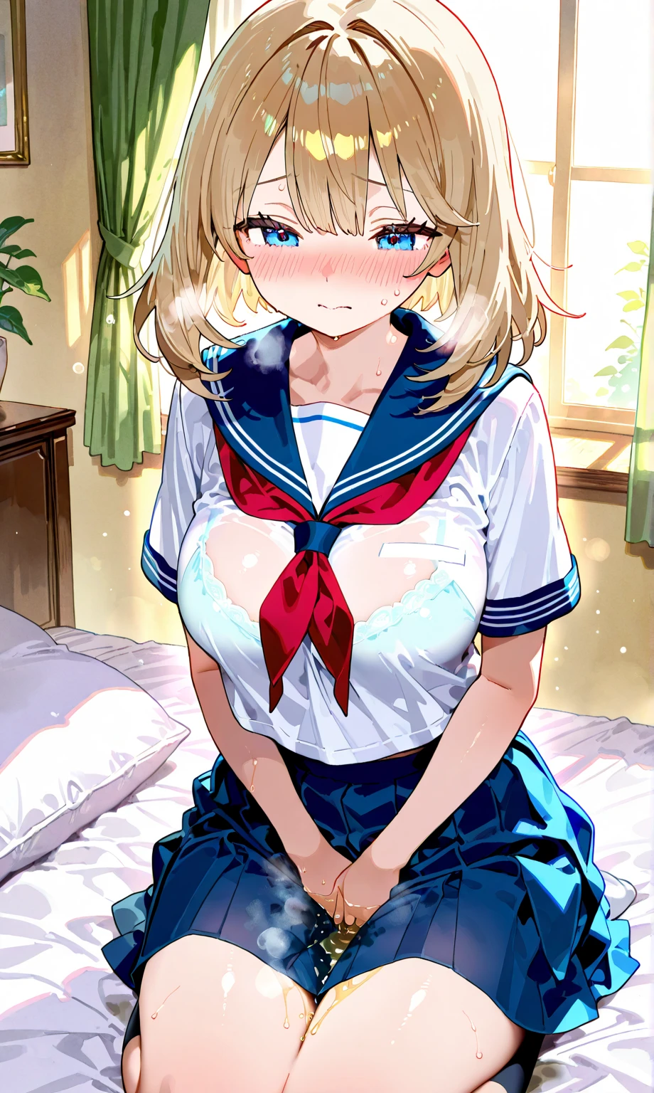 (masterpiece, highest quality, very detailed:1.3), (8k cg wallpaper:1.2), amazing art, beautiful hair, shiny skin, shining eyes,1 girl's white skin, Actress 17 years old, beautiful, ((((cute face:1,5)))),nffsw, wet body,(big breasts:1.2), white bra, Sweat, vapor,blonde hair, (bangs), side lock, long hair, blue eyes,bed,pillow,(slim:1.2),hair butterfly ornament,school uniform,(rape:1.2),1boy, (large peniss,:1.2),sex doggystyle,cry face