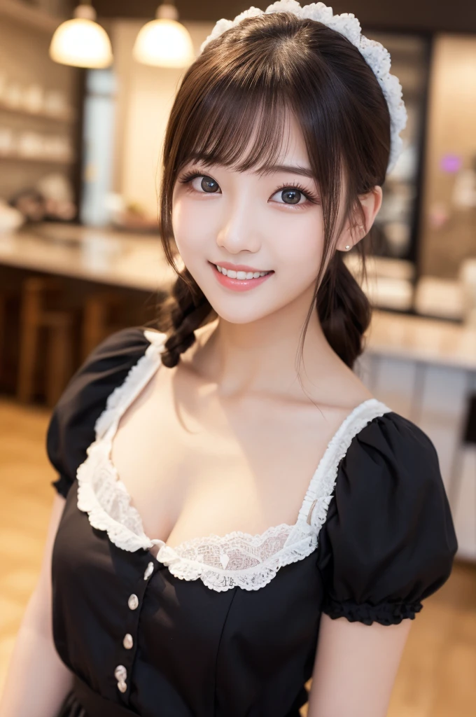 whole body, highest quality, shape, Very detailed, In detail, High resolution, 8k wallpaper, Perfect dynamic composition, Beautiful details, Maid clothes,Medium Hair, Center of chest, Natural color lip, Random sexy poses,smile,maid Cafe