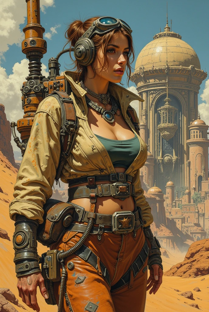 Postapocalyptic style, voluptuous sexy woman with a light resonator in her hand on a hill