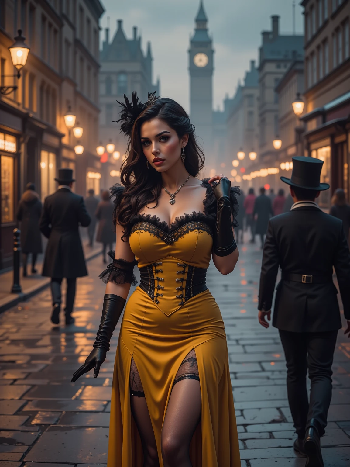 Créer une image de haute qualité 16k, photo réaliste, tres longue pause, photo kodak, objectif canon 85mm ,vu de très haut, plan large, avec une femme, Sydney Sweeney, habillée avec une robe rouge bordeaux paillettes royal très longue détrempée donnant l'impression d'un mouvement arrêté dans le temps se déplaçant subtilement avec le mouvement de ses pas, volant au vent, ouverte sur les cuisses, des bottes haute noir, un décolleté en "V" faisant apparaître ses seins, elle est coiffée d’nue couettes longue tombant sur une épaules et sa chevelure est brune avec des meche rouge bordeaux, elle porte sur la tête un chapeau haut de forme jaune ornementé. Elle a un regard menaçant., malicieux, les yeux vert perçant. L'un de ses pieds est légèrement avancé, comme si elle était en train de faire un pas en avant vers la camera. Le temps humide, Pluie forte, le corps de la femme mouillé, cheveux mouillé, elle se trouve dans une large avenue des voitures roule autour de Sydney Sweeney ,il fait nuit. L'ensemble de la scène capture un moment de puissance, de détermination et de peur. Traine de lumières roue et ɓanchr
