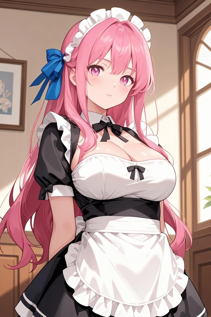 1girl, solo, nakano nino, pink hair, butterfly hair ornament, (naked:1.3), (white apron), large breasts, cleavage, thighs, cafe background, (blushing:1.3)