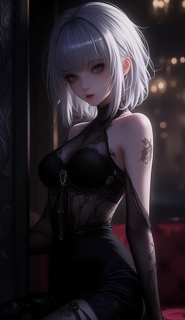 by Wlop,(Masterpiece),(Highest quality:1.4), (Highest Detailed:1.3), (8k very detailed CG unit wallpaper), anime girl in short shorts and jacket standing next to giant robot, artwork in the style of guweiz, cyberpunk anime girl mech, trending on cgstation, guweiz, by Russell Dongjun Lu, digital cyberpunk anime art, ross tran 8 k, guweiz on artstation pixiv, girl in mecha cyber armor (1 girl, Gray hair, extremely long hair, low twin braids, green eyes, , Determined) (Digital) (Details in the fitting room, (evening dress, plunging neckline)) , best quality, stlouis, corps entier, white hair random face, yeux bleus, Dark Purple Gossamer Cape, Dark purple Gossamer dress, lace underwear, collier, collier, earrings, , Gossamer Gloves Dark Purple, bas, bijoux, joaillerie, Head Ornament, ornement des mains, Ornement de jambes, bracelet, bracelet de cheville, talons hauts, huge breasts, gros seins, gros seins, Burst breasts, gros seins, seins pleins, breasts exposed, narrow waist,, gros cul, ventre nu, nombril nu, Cul nu, gros cul, ventre nu, ventre nu, sexy, sueur, peau brillante, perfect female body, (Rendered in ultra-high definition, (UHD) resolution 8K:1.4), perfect beautiful body