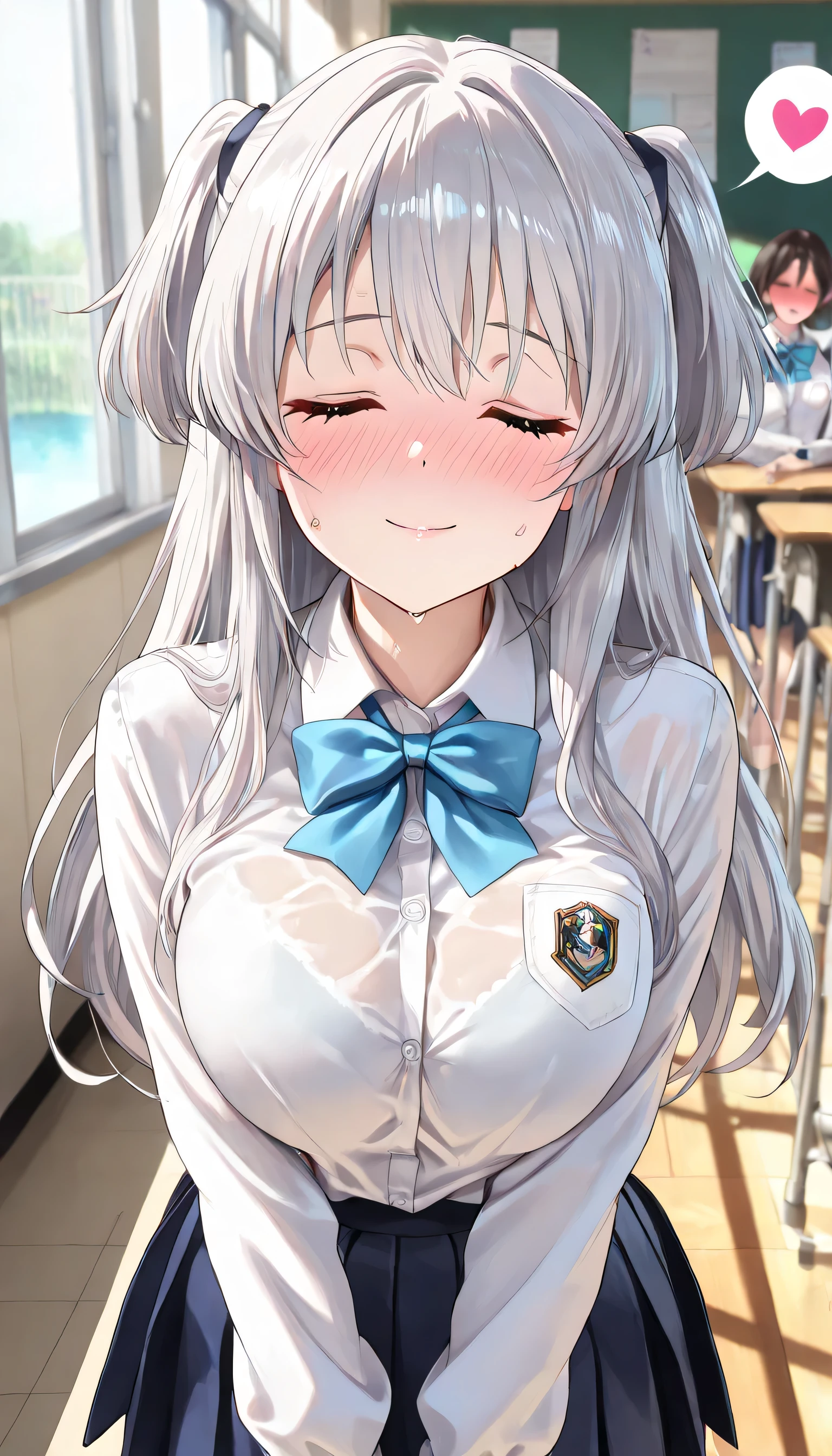 ((ultra-detailed)), (highly detailed CG illustration), (best quality:1.2), ultra-highly detailed, colorful composition, artistic photoshoot, 1girl, solo focus, upper body, moe anime character, girl, dainty facial structure, baby face, round face, rounded chin:1.2, (closed eyes:1.4), silver hair color, two side up hair, ample breasts, blue stripe neck bow, long sleeves white shirt, blue checked pleated skirt, nsfw, smile, shy:1.3, slaver:1.3, incoming kiss:1.3, full face blush:1.2, looking viewer, Sweat:1.3, spoken heart:1.4, standing in the school classroom, best quality, masterpiece, dynamic angle,(water splash), from front, best quality, masterpiece, expecting, pink cheek, blush, light pink gloss slip, portrait, depth of field, soft lighting, sidelighting, shine, lighting, caustics, ray tracing, perfect face, lustrous skin, highly detailed face, perfect face, perfect nose, perfect hair, perfect anatomy, beautiful hair, beautiful small face, extremely detailed face, beautiful clavicle, beautiful body, beautiful ample breasts, leavage, breasts squeezed together, equalize the size of the left and right breasts, beautiful fingers, 4 fingers, 1 thumb, lovely, (very detailed background:1.0), (highly detailed background:1.0), ssummer aesthetic, intricate details, nsfw atmosphere, summer colors palette, chromatic aberration