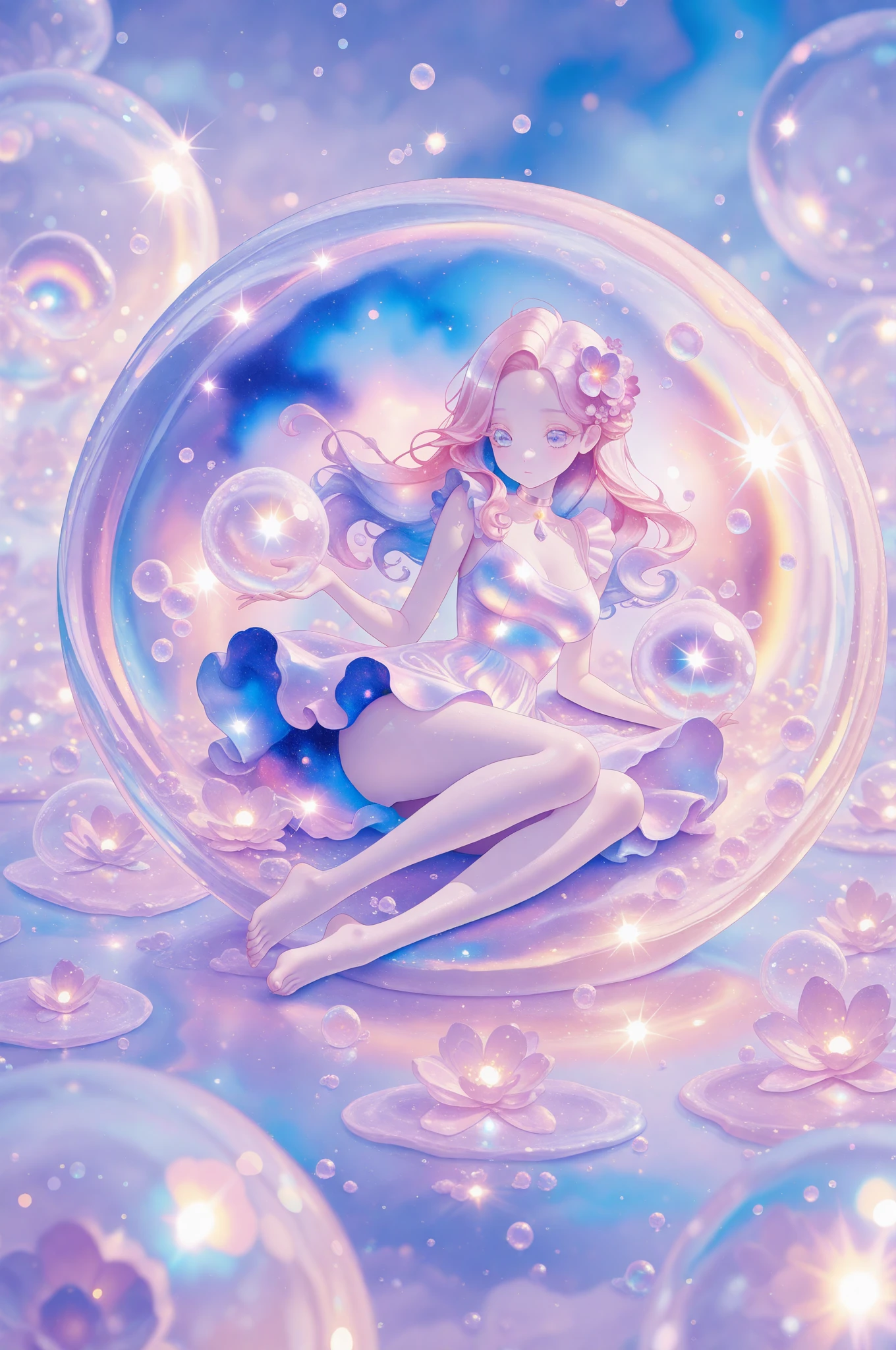 4k, very detailed, detailed face, charming beautiful mermaid sitting in a crystal sphere, girl placed inside a sphere, beautiful flowers, magic