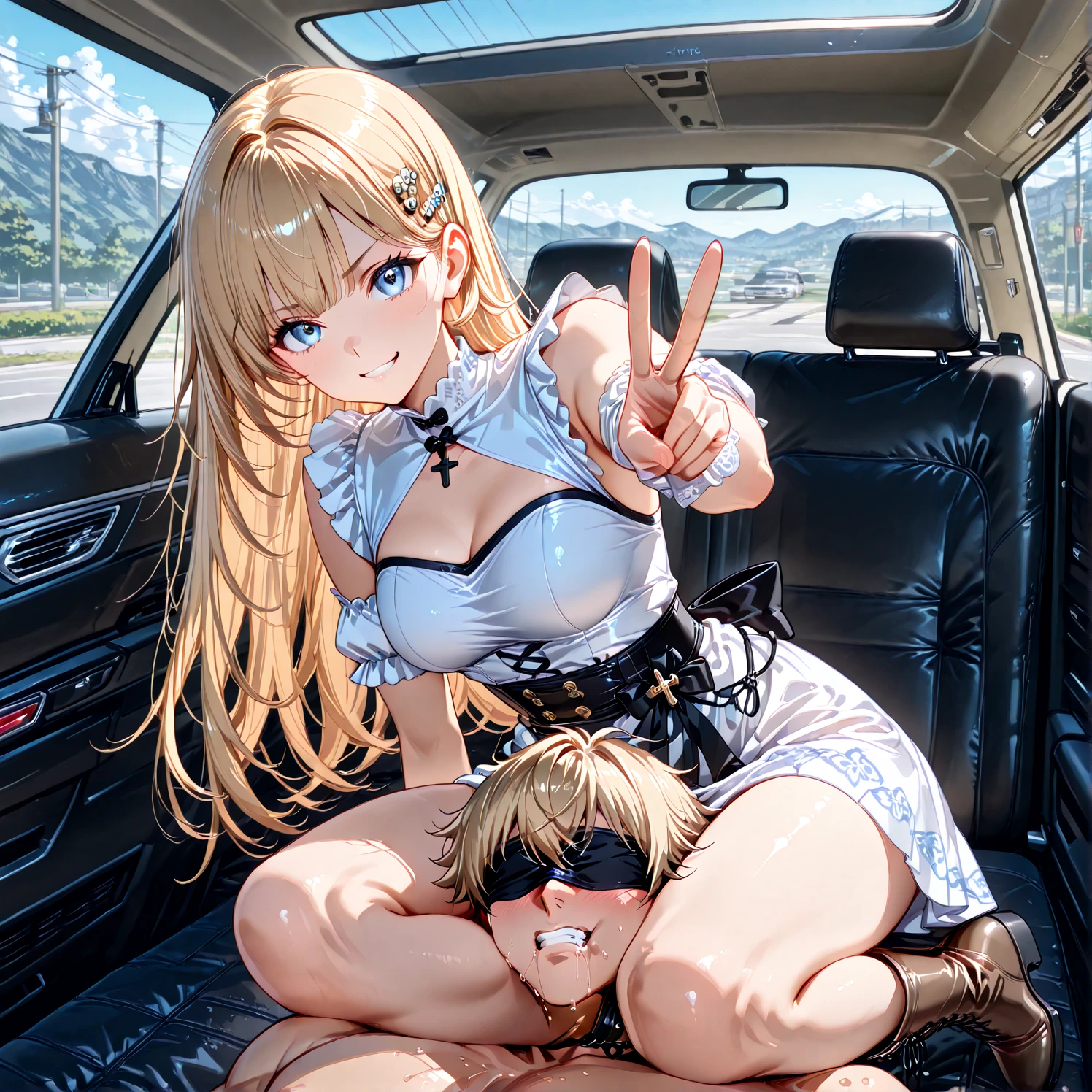 1girl, light blonde hair, one big ponytail, side fluffy bangs, choker, makeup, black eyeliner, black eyeshadow, black eyelashes, naked, closed eyes, 1boy, tongue in pisi, cunnilingus, inside the car, desert