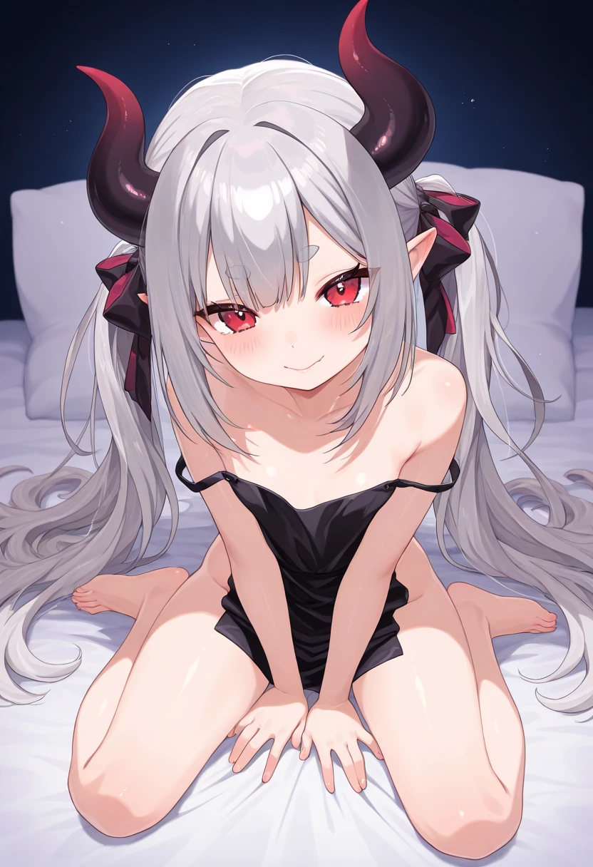 succubus, horns, white hair, red eyes, 1 girl, looking at viewer, in bedroom, blushing, sensual expression, smiling, sensual pose, completely naked