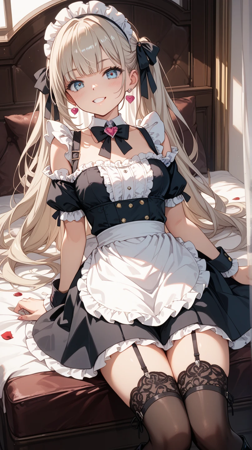 Original Character, Volumetric Lighting, Best Shadows, Shallow Depth of Field, Close Up Of Stunningly Beautiful Girl, Petite, Wide Hips, Thick Thighs, Slight Chubby, Small body, Delicate Beautiful Attractive Face With Alluring Red Eyes, Sharp Eyebrows, Half Open Eyes, Elf ears, Cute Smile, Lovely Big Breasts, Layered Long  Blond Hair With Ribbon Tied To A Part Of Hair On The Side, Blunt Bangs, Long Straight Hair, Pale Skin, Ear Piercings, Blush Eyeshadow, Blonde Thick Eyelashes, Long eyelashes, Slim Waist, White Lace Lingerie Dress, see through dress, (Bedroom Background:1.1) , Sitting Down, Sitting on bed, Half-Body, Posing, (Highest Quality, Amazing Details:1.25), (Solo:1.3), Brilliant Colorful Paintings, Looking At Viewer