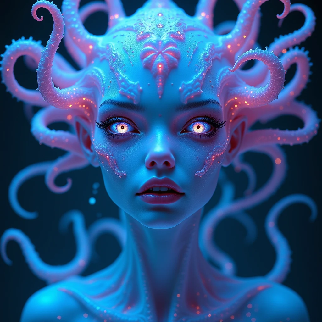 Ultra detailed illustration of the silhouette of a medusa, phantasmagorical figure, (((translucent skin:1.5))), (((translucent body:1.5))), neon lights, light particles, colorful, cmyk colors, backlit, cyberpunk