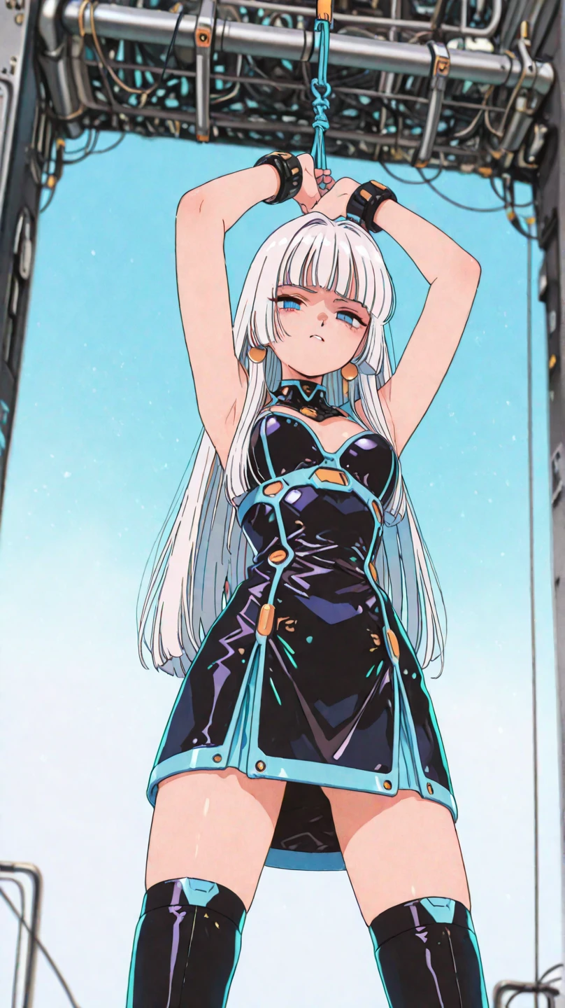 Long silver hair, green eyes, headband, necklace, white clothes, latex suit, flat chest, beautiful thighs, smile, happy, inside house