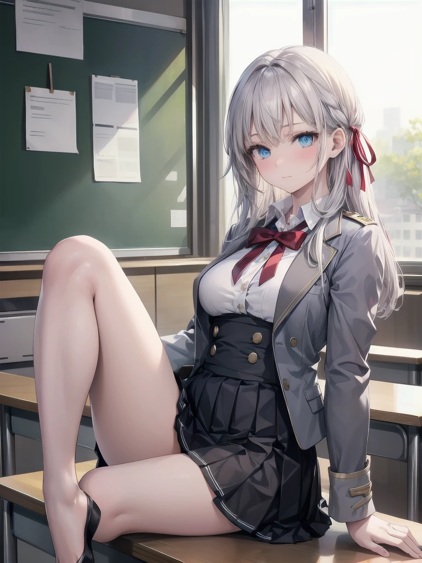 (NSFW:1.3), (realistic, photo realistic:1.2), ((highest quality)), move the center of gravity backwards, pretty embarrassing, Alisa Mikhailovna Kujou, ahoge, long hair, grey hair, hair intakes, hair ribbon, red ribbon, sidelocks, hair between eyes, bangs, blue eyes, school uniform, grey jacket, cropped jacket, blazer, open jacket, open clothes, wing collar, red bowtie, collared shirt, white shirt, medium breasts, long sleeves, black dress, pleated dress, double-breasted, zettai ryouiki, white thighhighs, white panties, (show panties:1.4), (Panty shot:1.3), (pull up the skirt:1.3), sit on desk, class room, spread legs, Single knees up, beautiful face details, real human skin, gentle expression, Front view, angle from below, realistic, photorealistic, whole body, (looking at the viewer:1.2), From before, from below