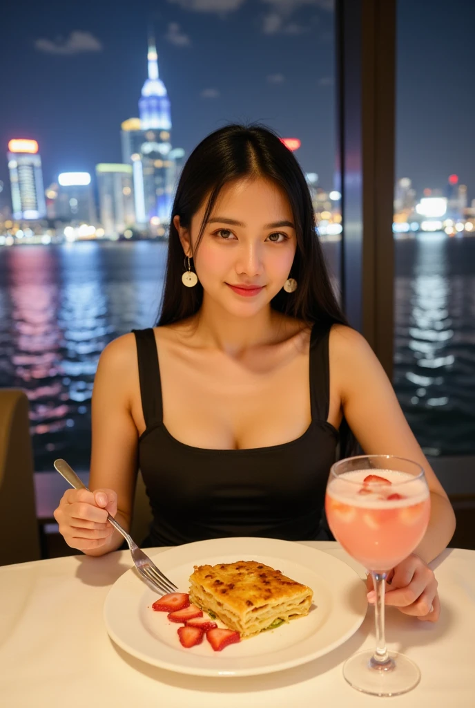 Eating at a table on a restaurant deck in Santorini overlooking the sea、The sexy, busty, cute waitress brought the spaghetti. Delicious looking spaghetti with thickened sauce