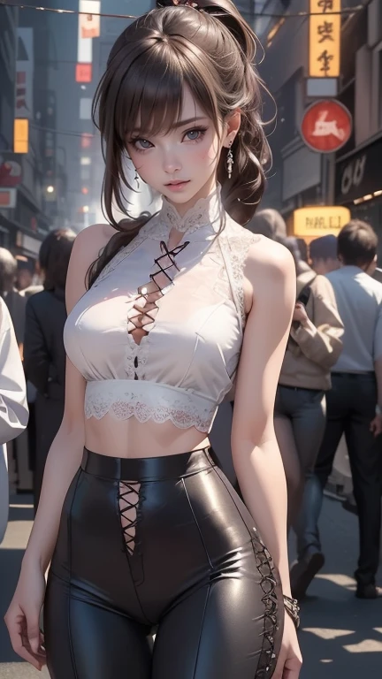 (shirt lift, lifted by self:1.2), mini skirt, ((Best quality, 8k, Masterpiece :1.3)), Sharp focus :1.2, A pretty woman with perfect figure :1.4, Slender abs :1.2, ((Dark brown hair, Big breasts :1.2)),City street:1.2, Highly detailed face and skin texture, Detailed eyes, Double eyelid, (despise:1.5), mini skirt, cowboy shot,