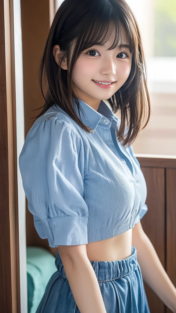 Flying debris、highest quality、shape、 Very detailed、Fine details、 High resolution、8K Dende Wallpaper、Perfect dynamic composition、27歳のpretty girl、pretty girl、Beautiful face in every detail、Small and cute eyes、Textured skin、A modest smile、Wavy short hair、Small breasts、Casual wear、Checkered shirt、Bold sexy pose、