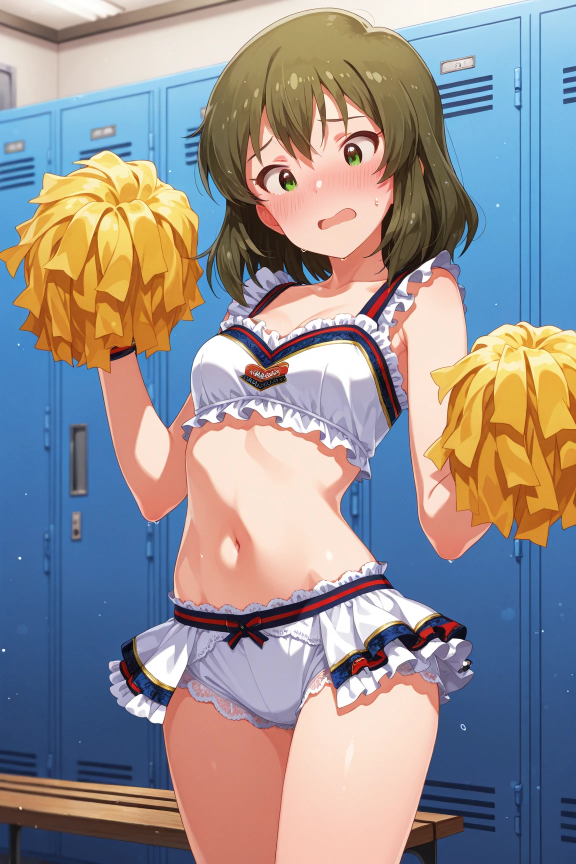 {{{masterpiece}}}, {{{best quality}}}, , {NSFW:1.2},、Are standing、leaning forward:1.3、hands between your legs,、Hands in the crotch))、Teenager woman、(18-year-old、brown hair、ponytail、cheerleader、cheerleader、、Wet crotch、orgasm:1.4、The belly button that feels good in the pussy、side、steam、ahegao:1.5,blush:1.5))high quality、、With background((locker room、Lights went out、storeroom、A yellow puddle just under my feet))、elaborate design、visual art、high contract、best lighting、most detailed、cinematic angle、perfect lighting、Perfect dissection、 anime style、official art