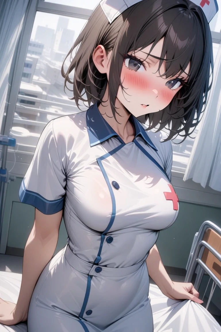 (1 girl), Little,messy hair, brown bob hair,,(rape face),, masterpiece, highest quality, ultra high resolution, 8k, professional lighting, photon mapping,,low saturation,Front view, full length, realistic background, shallow depth of field, perfect anatomy,,((cute:1.8)),((10 years old:1.5))、(hospital hallway:1.5)、1 girl,(cute:1.8), perfect face, seriously,(nose blush)、(small breasts:1.8),10 years old,(white nurse uniform:1.3),(camel toe:1.2),(flat chest:1.5),(clothing lift:1.5),(bottomless),(asshole big anus:1.3), Detailed description vagina,Show butt hole、pain, (blush:1.5), Please think back:1.5, (open anus:1.6)、((spread your legs))
