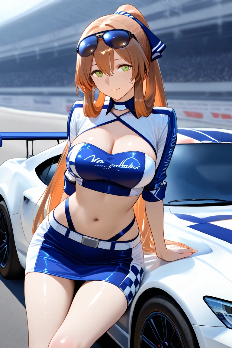 (Highest quality:1.2, Very detailedな, Latest, Vibrant, digital coloring, High Contrast, masterpiece:1.2, Highest quality, Best aesthetics), 1 female, Redhead, Side Ponytail、Racing Suits, Fuller lips, attractive, Sexy Woman, mini skirt, Race Queen, Parasol, Slender body, Very detailed, (Shiny skin:1.4), thin, Dynamic light and shadow, High resolution, Sharp focus、(Beautiful thighs), Grid Girls, Sponsored Costumes, logo printed, (Motorsport Racing), Hand holding umbrella、((Parasol))、Blur the background