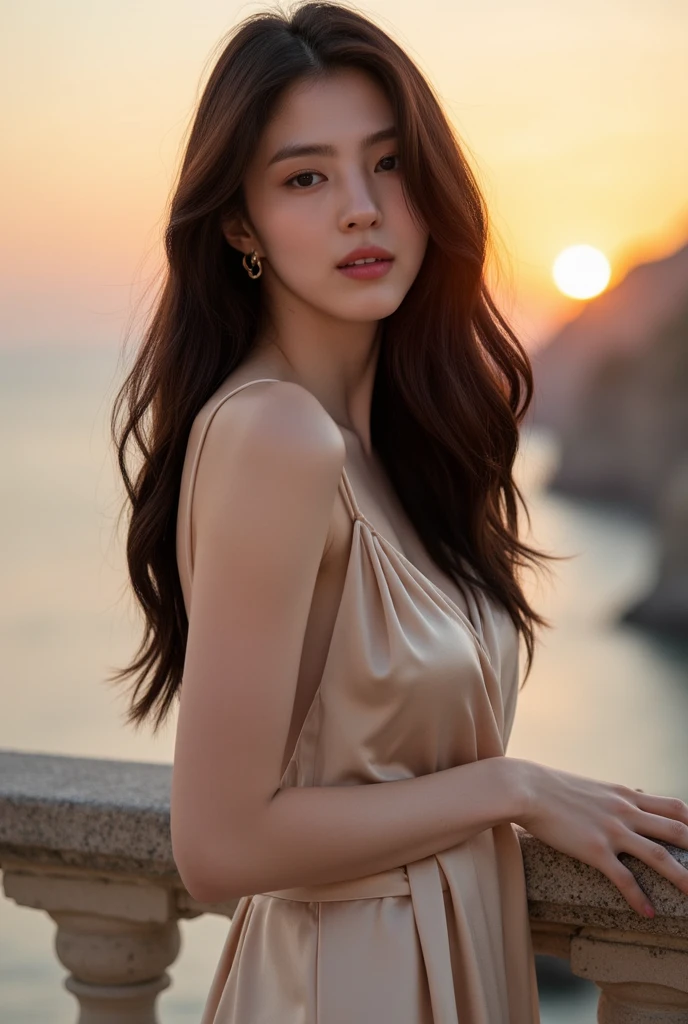 highest quality、4K、Perfect Face、Perfect Style、perfect body、Sunburn、beautiful lady、mature、long curly layer brown hair、Swept-back hair、full body, sexy 、charming、healthy、of the highest quality、8K、white Y shirt、sunset,windy hair、beautiful abs
