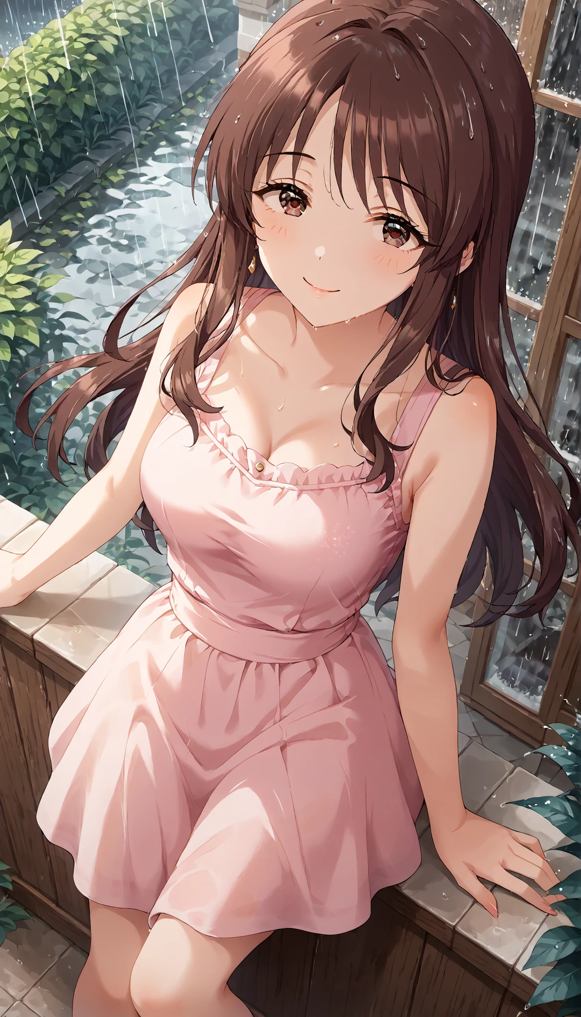(((masterpiece))),(((High Quality))),(((Mifune Miyu))),(Long Hair),(((Medium Breasts))),((angle from above)),outside,rain,pink tank dress,brown hair,Ulchan - 6500-v1.1, (RAW pictures:1.2), BEAUTIFUL DETAILS, very detailedな目,Beautiful Eyes,beautiful eyes,brown eyes,Large file size, high resolution, very detailed, Highest Quality, [masterpiece:1.6], Awareness-raising, very detailed, CG, fine,Dynamic, Highest Quality, 8K Wallpaper, perfect body,very detailed,Smile Yan