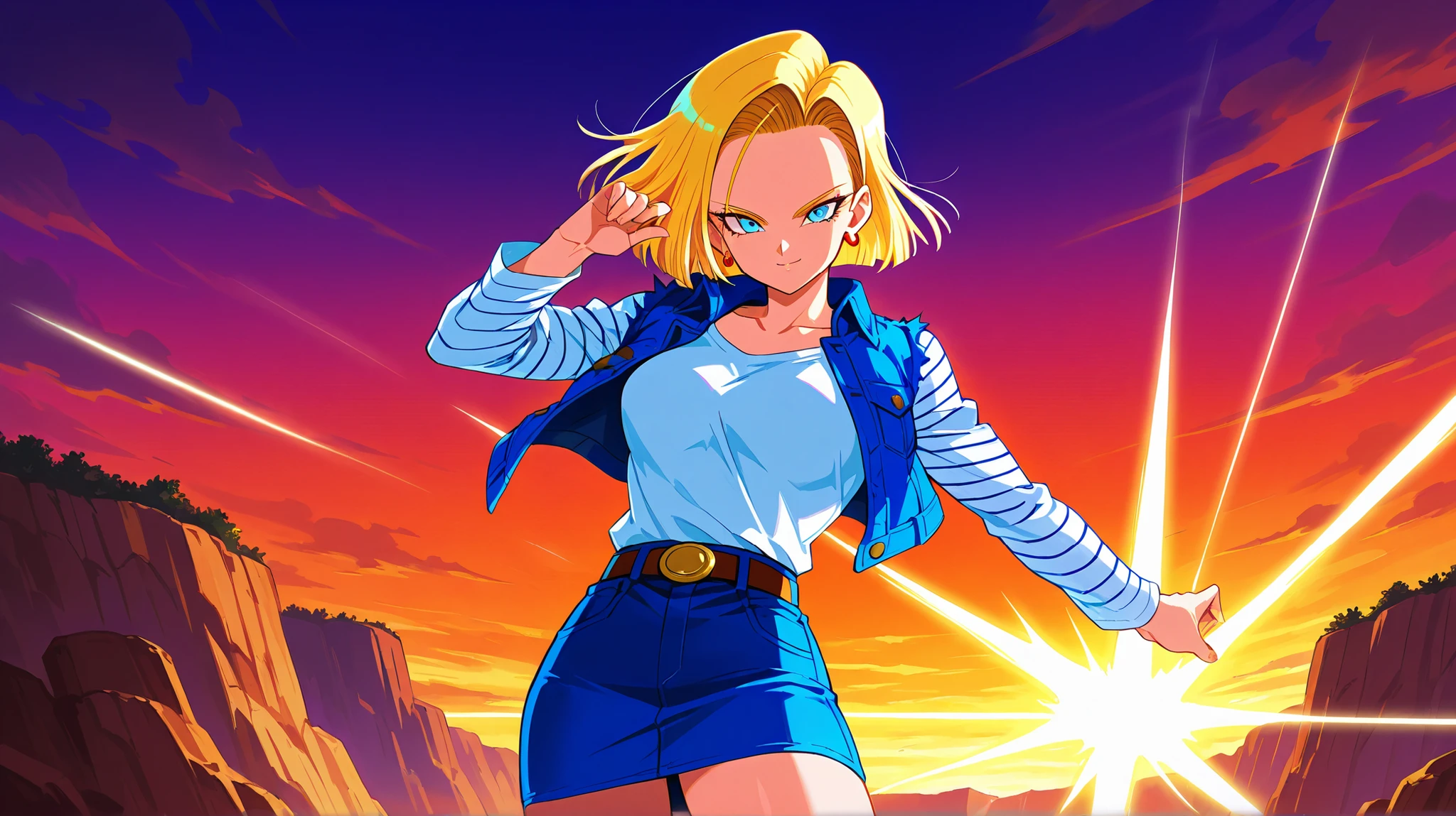 score_9, score_8_up, score_8, medium breasts, (curvy), cute, eyelashes, zzAndroid18, blue eyes, blonde hair, short hair, jacket, denim, denim jacket, jewelry, earrings, long sleeves, shirt, skirt, belt, stripes, smile, looking at viewer, serious expression, dramatic sunset casting shadows, standing on a cliff overlooking a devastated battlefield, her iconic outfit slightly torn, glowing with suppressed energy, a moment of reflection before the next fight, ,,, embedding:zPDXL, Expressiveh,