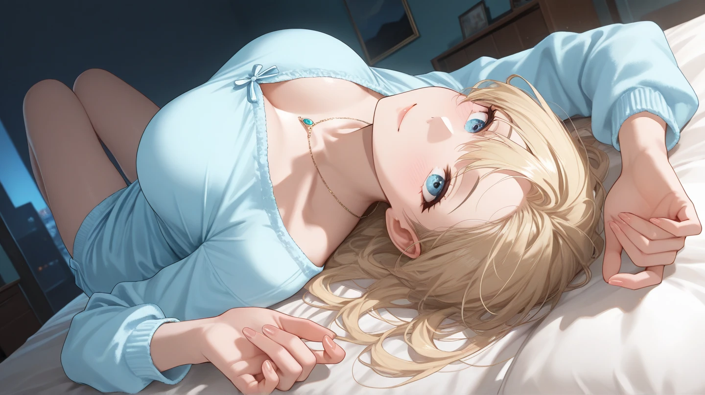 Ayaka,((golden hair)), fox ears,beautiful face,smiling, moderate breast,laying on a bed,wearing white sleepwear, (open mouth:0.4),illustration,detailed textures,ultra-detailed(realistic),portrait style,vivid colors,soft lighting. sweaty,  full body