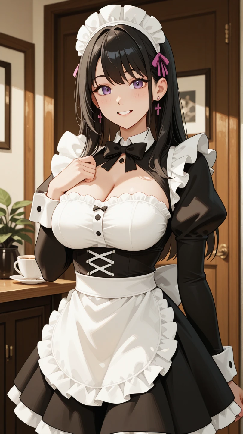 8K, masterpiece, very detailed, anime style, alone, A breathtakingly beautiful 1girl, (maid:1.5), whole body, (maid dress:1.4),(antique brooch) ,(view from below:1.4),(masterpiece:1.5),(night:1.5),very accurate and detailed,ultra high resolution,extremely detailed CG unity 8K wallpaper,(realistic,Photoreal,超realistic:1.5),(curve,model,Glamour:1.5),beautiful breasts,chromatic_aberration,beautiful detailed shadows,beautiful eyes,beautiful body,beautiful skin,beautiful hands,(aesthetic anime eyes:1.4),(bright room:1.4),(26 years old:1.4),1 girl,looking at the viewer,(enchanting smile:1.4),(living room:1.4),(chest focus), black hair,(turn your arms behind your back:1.4),long straight hair,(brown eyes:1.4),big breasts, (chest comes out:1.2),Are standing,sculpture pose abdomen, clavicle, (night間:1.4), Sweat,(pantyhose:1.4), (cowboy shot:1.4),