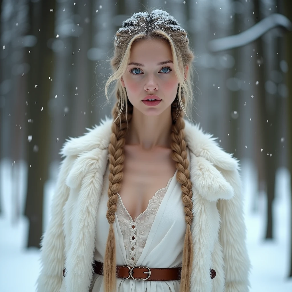8k, RAW photo, best quality, ultra high resolution, photorealistic, realistic photo of skinny slavec girl in forest at night, (skinny slavec girl, blue eyes, blonde hair, long braid hair), (most beautiful slavec girl in the world), in the winter forest, winter, night time, moon, moonlight, snow, full body portrait, photo from the side, (sexy pose), wearing white winter fur coat, (long white fur coat), looking at viewer, sexy face, (extremely detailed CG unity 8k wallpaper), 8k uhd, dslr, bright lighting, high quality, film grain, Fujifilm XT3 sharp focus, f 5.6, High Detail, Sharp focus