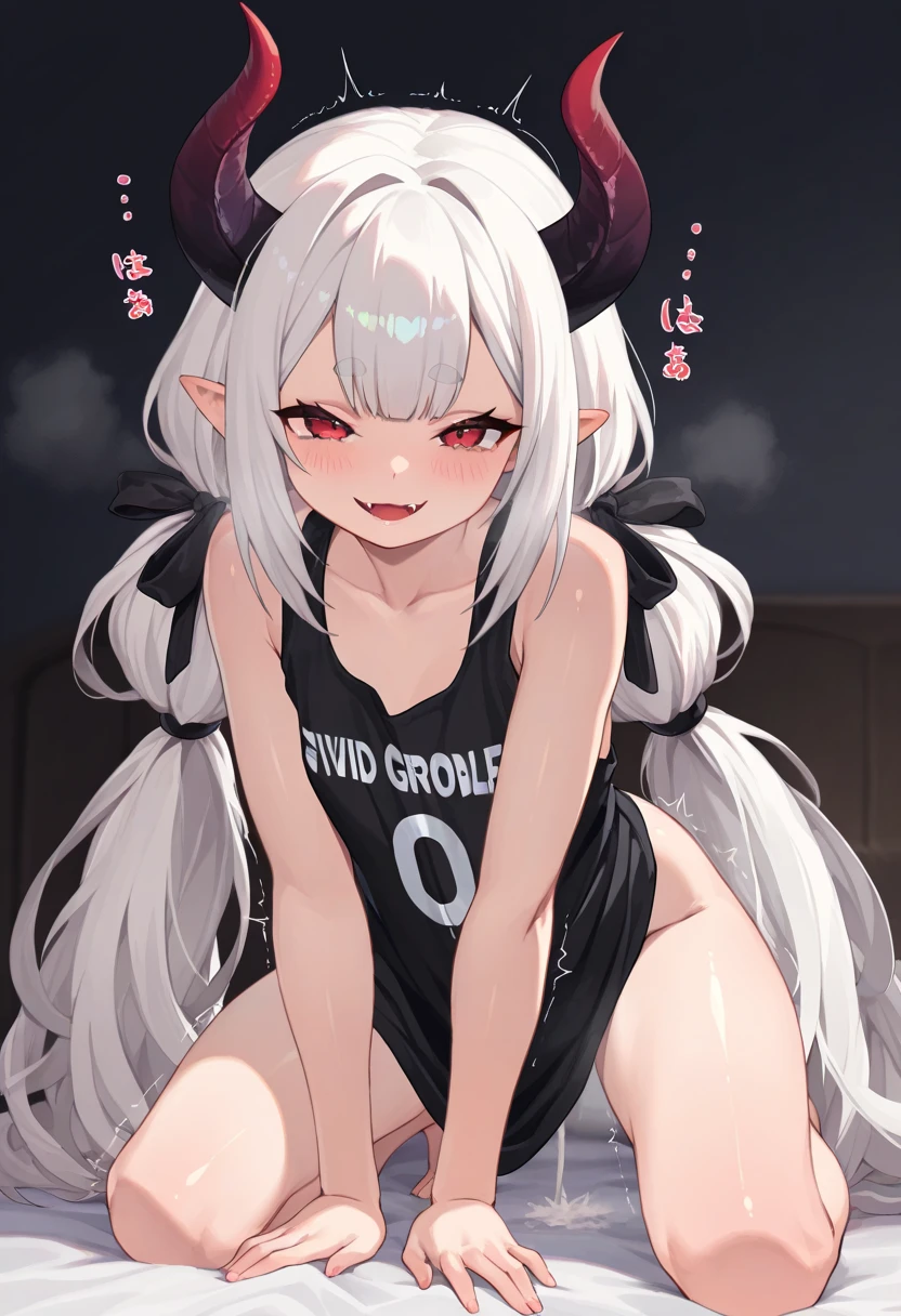 source_anime, anime style, 1girl, kokona-nosleeves,kokona \(blue archive\),orange eyes,multicolored hair,very long hair,animal ears,halo,black dress,(pelvic curtain:1.2),(white skirt:1.2),bare arms,black socks, saliva, cum in mouth, cum on face, cum on body, seductive smile