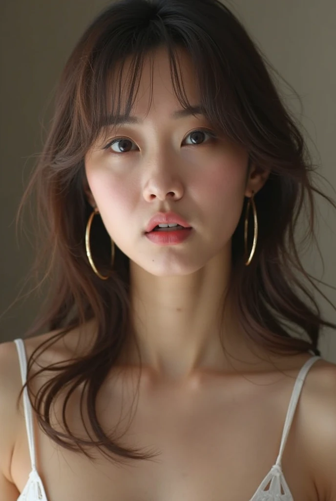 a woman with red hair, hyper-realistic skin, shiny/glossy, modern jewelry, gongbi, portraiture, dark teal and light gold, tropical landscapes, Face portrait photo oF a 21 Year-old German woman, .raw, beautiFul woman, half strawberry lips, strawberry lipstick, Fossettes, big breast, realistic close-up, cheesy smile, high heels, nostalgic look, detailed light brown eyes, great student, thin eyelashes, (Brown extra long blond hair), ((detailed Face)), ((detailed Facial Features and skin texture)), (Finely detailed skin), light brown skin, (Deep neckline detailing high-tech cyberpunk dress), Cyberpunk big city environment, (cold colors), moist, moist, reFlections, (masterpiece) (height ratio / perfect width) (photo realist) (best quality) (detailed) Shot with Canon EOS R5, ObjectiF 50mm, F/2.8, human development report, (8k) (wallpaper) (light) (Dramatic Light) (sharp focus) (complicated), sharp details, skin detail sharpness,