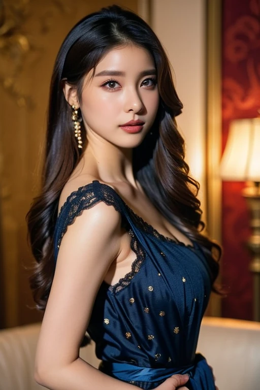 masterpiece, Highest quality, Realistic, Very detailed, Finer details, High resolution, 8k wallpaper, One beautiful woman, Wear an elegant see-through shirt, In a great restaurant, At night, Light brown messy hair, Perfect dynamic composition, Beautiful and beautiful eyes、Big earrings、Sit on a chair、Her cleavage is visible、I see a blue bra、35 Talent、