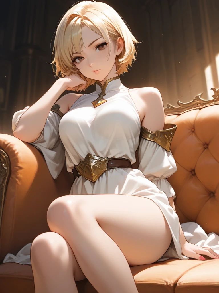 best quality, 32k, RAW photo, incredibly absurdres, extremely detailed, beautiful slender and sharp face, sitting knee shot, open legs, arms behind back, translucent pastel color kagoromo, amorous and lewd expression, blonde bob cut, side braided, superlative body proportion, fractal art, art design, background Raining petals, gold dust, holy water, mandala