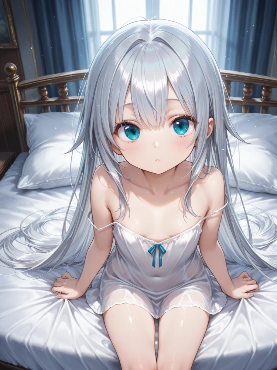 ((highest quality)), ((High resolution)), 1 girl,silver hair、((5~6 years old))、((flowing love juice))、((((blush))))、The lower body is naked、open your pussy、((((pussy is so clear))))、sad、white and blue clothes