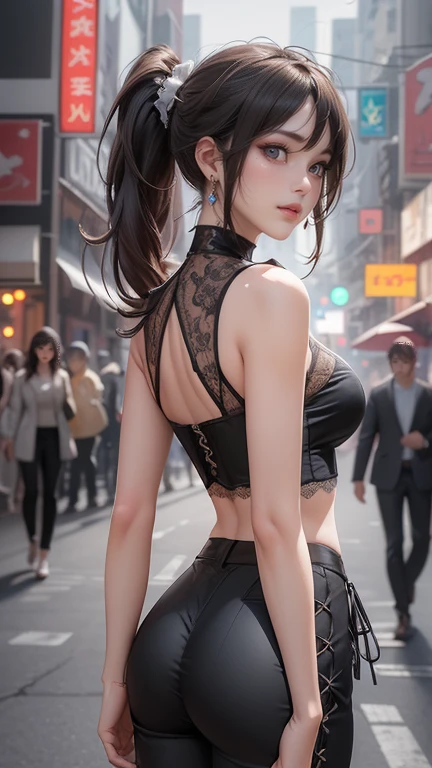 Top quality, masterpiece, ultra high definition, (Reality: 1.4), Original photo, 1Girl, brown eyes, off-shoulder, cinematic lighting, big, dark eyeliner, brown hair, wind, necklace, piercing, bangles, abs, buckshot, back,