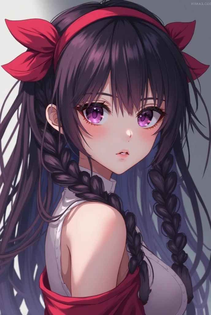a women, pink bunny ears, black hair, pink eyes, pink dress