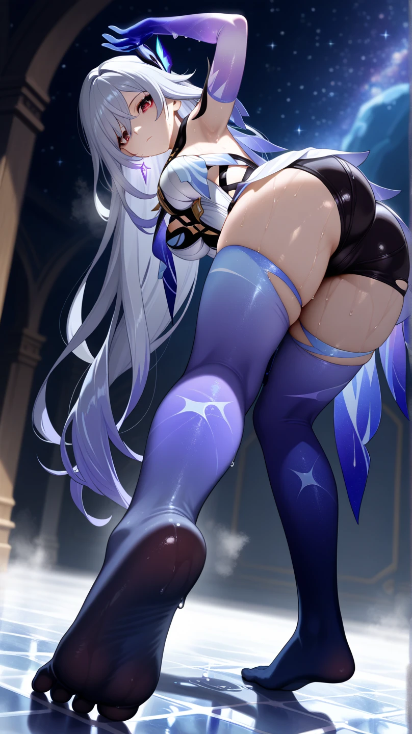 360 view   Instagram Latina with long purple  hair,glossy lips full lashes super pretty colorful makeup glasses and  makeup done  masterpiece, best quality, highres, 1girl, detailed face, blush, anime CG style, (medium breasts), (18 year old girl:1.3), (aged up), good lighting, perfect body, sakura kinomoto, glossy lips, strapless leotard, detached collar, wrist cuffs, (white fishnet tights), bunny ears, (curvy), (looking back at viewer), bunny tail
