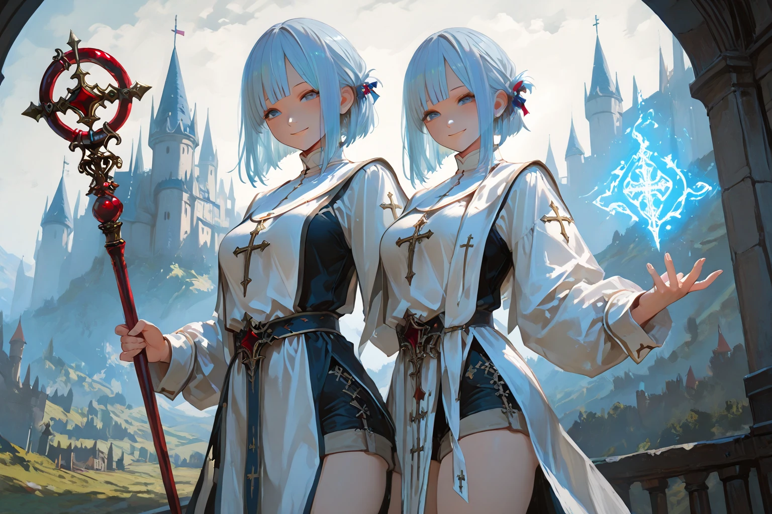 best quality people,masterpiece,final solution,fluffy,非常にcolorfulな,colorful,saint,silvery long hair,curly,mature woman,good,(((nun dress:1.3),(angel with a pair of wings on its back:1.3),(devil with a pair of horns:1.3),3 characters)),Cathedral,sanctuary,normal posture