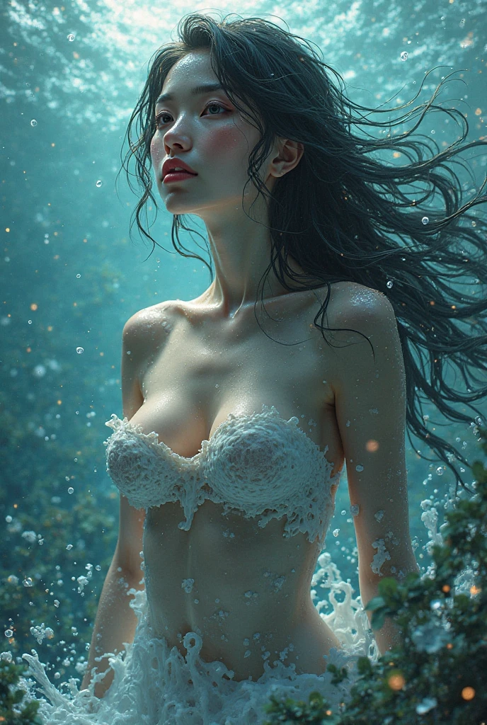 sexy twenty year old woman in lace lingerie, messy hair, beautiful erotic woman, candid photograph, (dramatically lit underwater lake:1.3), (dark shot:1.2), photo-realistic, (film grain:1.4), (masterpiece:1.2), sharp image, analog style, award winning photo, best quality,(shot with kodak 400:1.3), sharp,skin pores, (sunkissed freckles on face:0.6), (shot on Fujifilm X-T4:1.2), angular jawline, high cheekbones, large soulful eyes, ( film imperfections:1.2)