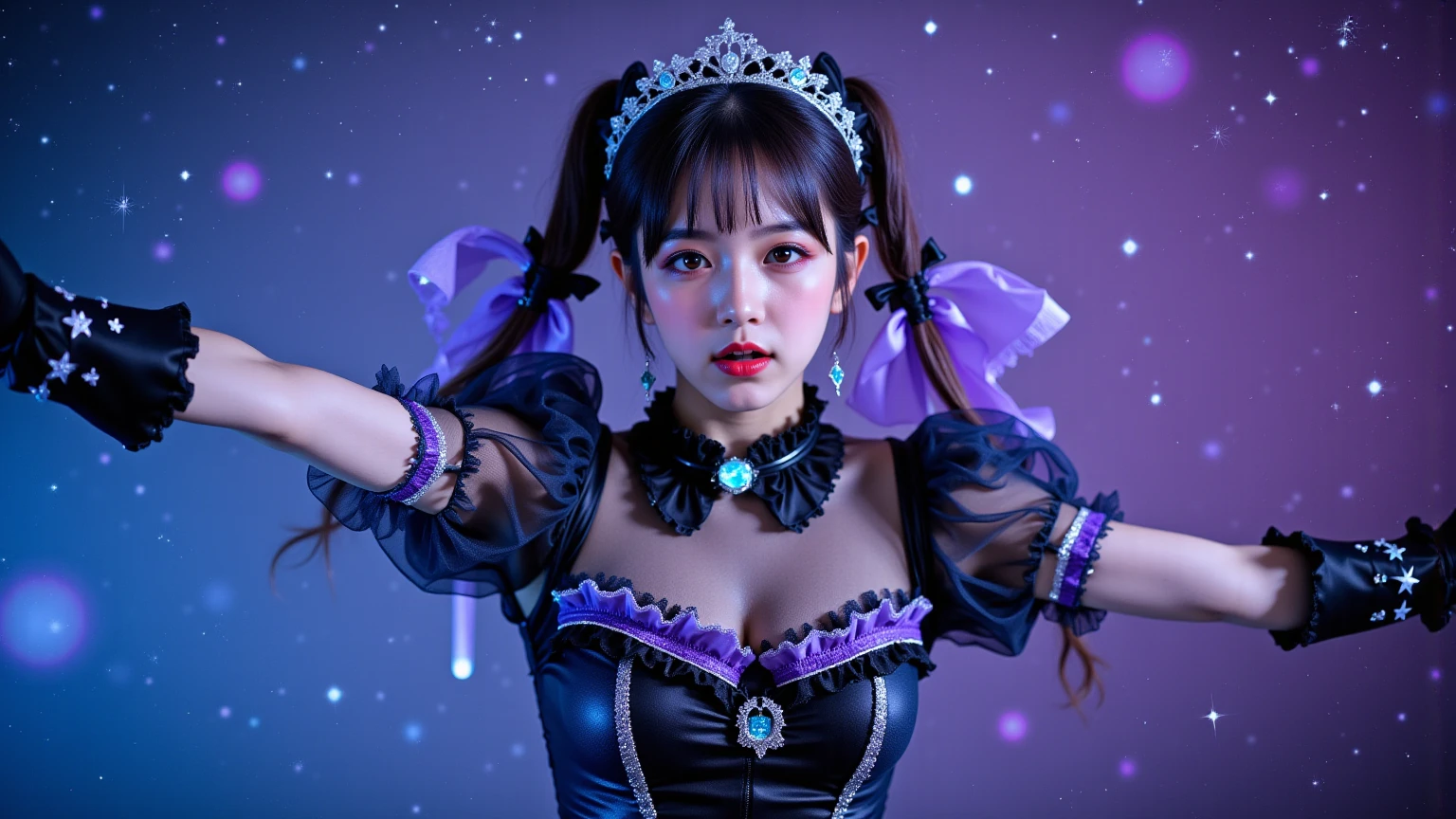 (((full medium shot))), (Masterpiece, photorealistic, photorealism, best quality, ultra-detailed:1.3), (nice hands, perfect hands), official art, cinematic light, (1girl:1.3), adult, (kurumi tokisaki casual, (tokisaki kurumi:1.2), long hair, black hair, (red eyes:1.3), long sleeves, dress, pantyhose, (hair over one eye:1.5), (black dress:1.5), black pantyhose, (puffy sleeves:1.5), choker, collarbone, skirt, black skirt, flowers, hair flowers, purple flowers, twintails, low twintails), gothic lolita, (((miniskirt))), charming,alluring,seductive,enchanting,cleavage,exposed,(snug upper body clothing, Halter Neck, levitating nanoweave, Cap Sleeves, Floor-Length, drop waist, Sash,,lace-up back,,Patches, flowy lower body clothing, biofiber cloth, metal cladding, Cropped Length, high waist, paneling,Train,zipper fly,Keyhole Back,Side Seam Slits,Bow Accents),(wristwatch, eclipsing flawless alexandrite, portguese cut, playful, submetallic, gold, indestructible, sustained quality, clarity enhancement, t-bar setting, synthetic, extraordinary, high fashion, new age, gender and identity),(Around floating colorful crystals:1.4)the most beautiful form of chaos,(pentagram:1.4),(colorful flowers:1.4) 