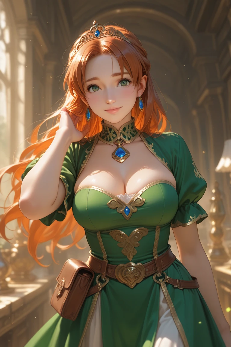 Masterpiece, high details, best quality, 8k, [ultra detailed], masterpiece, best quality, (extremely detailed), dynamic angle, ultra wide shot, RAW, photorealistic, fantasy art, dnd art, rpg art, realistic art, a wide angle picture of a female fairie ranger and her pet fox,  [[anatomically correct]]. dynamic position (1.5 intricate details, Masterpiece, best quality) talking to a fox, red fox, fantasy style, smoothlight (1.6 intricate details, Masterpiece, best quality) in forest (1.5 intricate details, Masterpiece, best quality), a female wearinodest medium length dark green skirt with corset top) with thigh high green stockings and hat (1.4 intricate details, Masterpiece, best quality), thick hair, long hair, auburn red hair, fair skin intense (brown) eyes, forest background (intense details), a stream flowing in the backgraound (1.4 intricate details, Masterpiece, best quality), dawn light, clouds (1.4 intricate details, Masterpiece, best quality), dynamic angle, (1.4 intricate details, Masterpiece, best quality) 3D rendering, high details, best quality, highres, ultra wide angle, celtic fantasy, clover, poison ivy, fae, goddess of mischief, green magic, (wearing green tophat), pixie, fairy, celtic, Autumn, beautiful autumn spirit, fall season, Dark colored roses, perfect creation, perfect art, highly detailed, detailed art, masterpiece, perfect creation, perfect art, (outlined iris), (perfect eyeull figure), huge breasts, huge spilling breasts