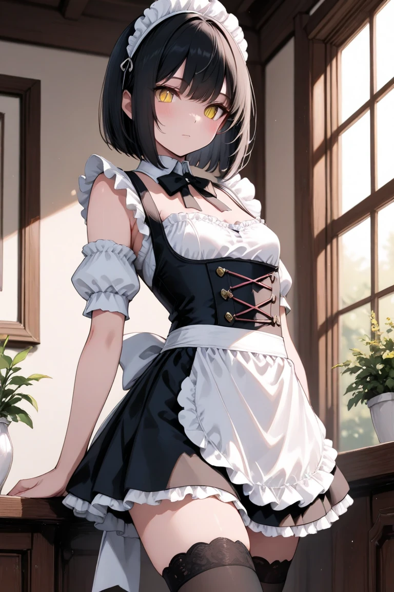 (((masterpiece, highest quality))),nsfw,cowboy shot,20 year old beauty, solo,((very small head)),black hair,short hair,bangs,black eyes,shy,medium breasts,(((very long body,slender body))),skinny,gleaming skin,oily skin,sweat,(japanese maid dress,White collar、White brim、mini skirt、white_thighhighs),Silver tray、Jug、standing,Study、Old big mansion、Natural light、