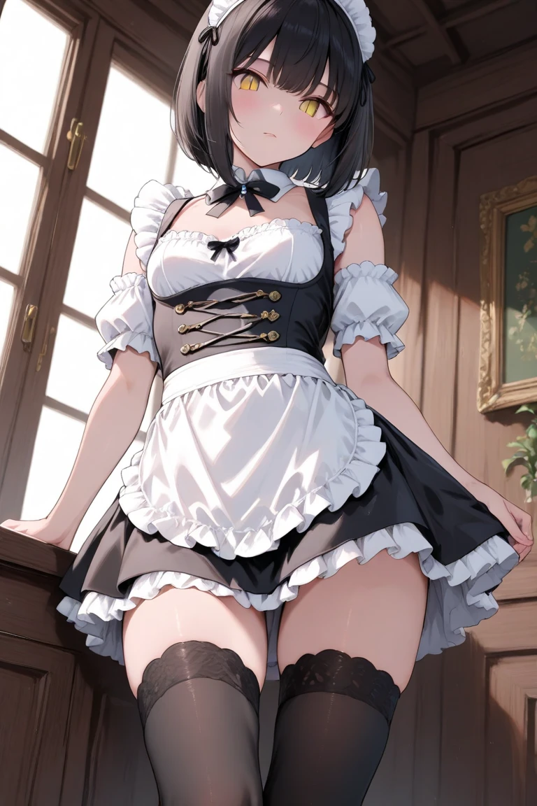 One Woman、One Man、The man is looking up her skirt、Beauty、たくさんのMaid達、Western-style building、Luxury House、淫乱Maid、Maid、Maid服、Age 25、master, ponytail, Highest quality, Focus on the thighs, smile, Black Pantyhose, panties under pantyhose、Plump thighs、Big Ass、Big 、 Black Hair,My thighs are steaming between the legs 、Sweaty pantyhose、Angle from directly below、Wiping large windowasterから股間を指で触られる
