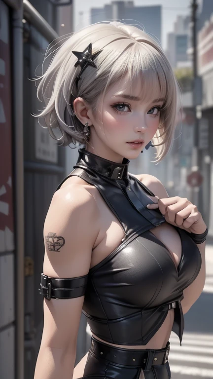 (Chest puffing pose),(Random Hairstyles),(Best image quality,(8k),Ultra-realistic,最high quality, high quality, High resolution, high quality,Attention to detail,Beautiful details,Fine details,Extremely detailed CG,Detailed Texture,Realistic facial expressions,masterpiece,in front),Bodysuits,stockings,Silver Hair, (((Tight waist))), ((Big Breasts)),(See through),(((He has many tattoos all over his body)),(NSFW:0.5)