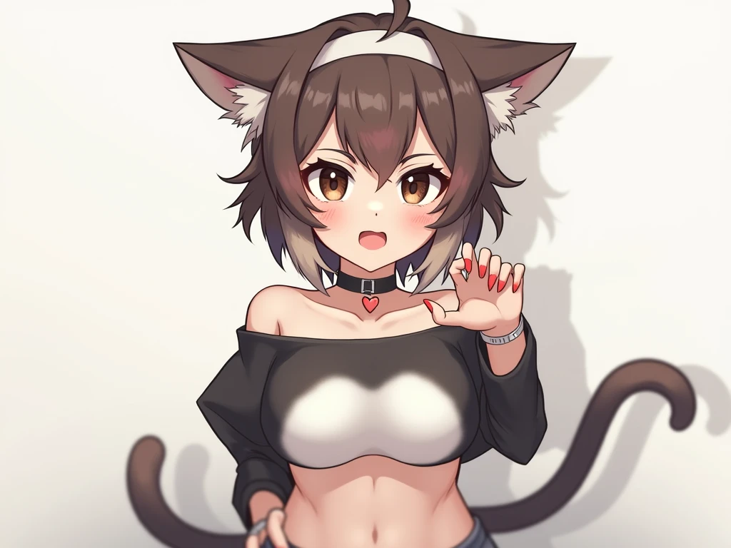 Cute girl, dog ears, short brown hair, hazel eyes, dog collar, tongue out of mouth, big breasts, short pants, exposed stomach, doggy style